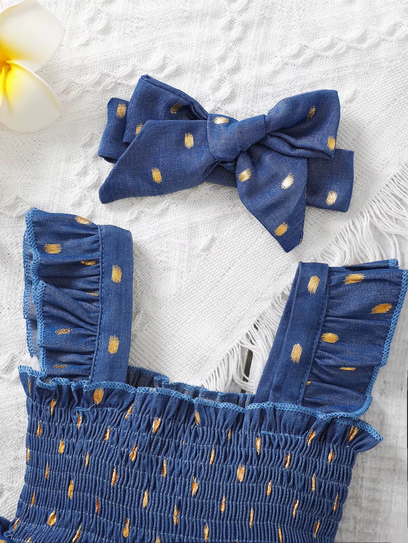 Golden Bloom – Baby Girl Blue Slip Dress with Gold Dots and Matching Headband Set