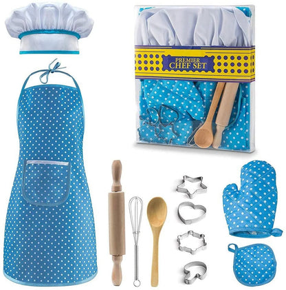 Kids Cooking Set, 11 Pcs Chef Role Play Kit for Girls Ages 3-6, Includes Apron, Chef Hat, Oven Mitt, Utensils & Baking Tools, Birthday & Festival Gift, Blue